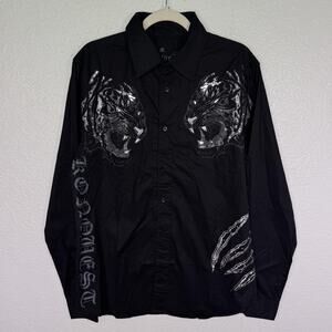 Konquest Shirt Mens Medium Tribal Tiger Rhinestone Swarovski Studded Y2K Black